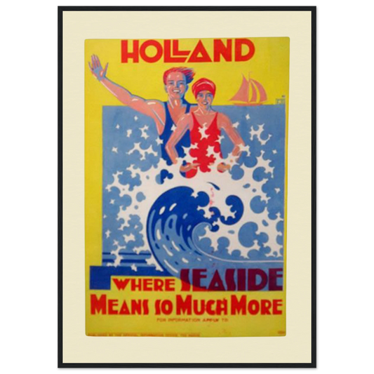 A high-quality Giclée 12-ink print of a vintage travel poster promoting seaside vacations in Holland. The artwork features an Art Deco-style illustration of a smiling couple in swimsuits, stylized ocean waves, and bold typography in red, yellow, and blue, evoking nostalgic beachside fun.