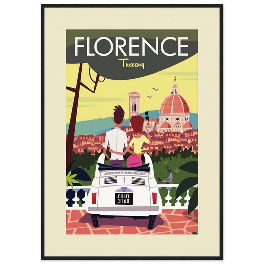 A vintage-style travel poster of Florence, Tuscany, featuring a couple sitting in a classic white convertible, admiring the Florence skyline, including the iconic Duomo. The artwork has warm colours and a nostalgic feel, evoking the romance of an Italian road trip.