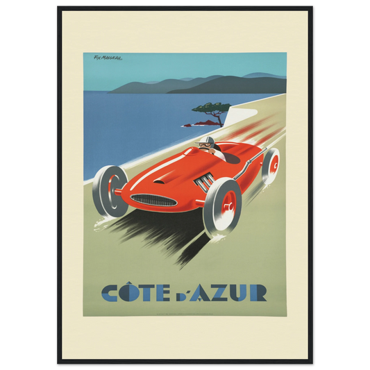 "Vintage Art Deco travel poster for Côte d'Azur featuring a red racing car speeding along a coastal road with blue Mediterranean Sea and mountains in background. Stylized 1930s artwork by Fix-Masseau with bold colors and dynamic movement, text reads 'CÔTE d'Azur' at bottom. Printed on Giclée 12 ink archival paper."