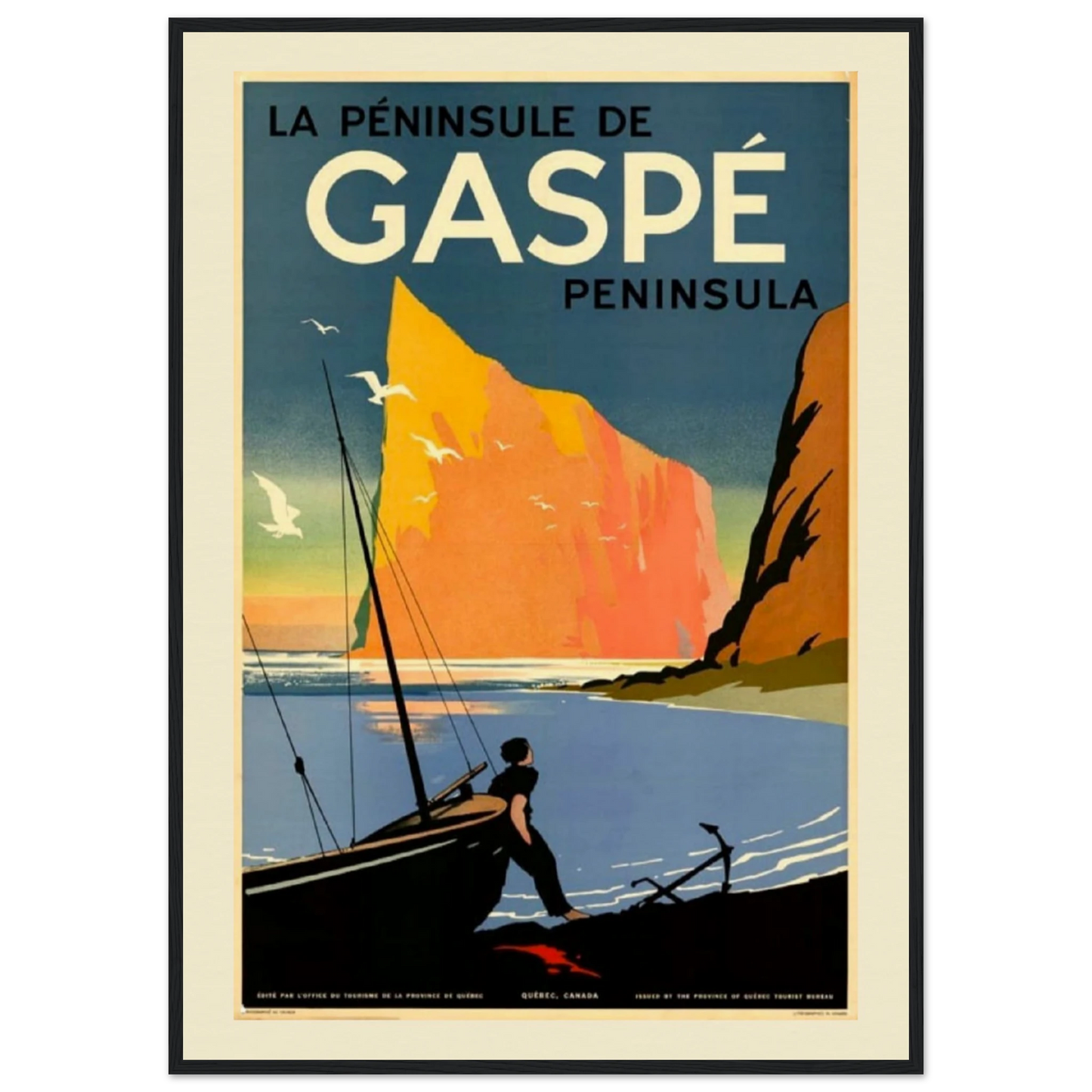A high-quality Giclée 12-ink print of a vintage travel poster showcasing the Gaspé Peninsula in Quebec, Canada. The artwork features Percé Rock, a dramatic cliffside, a fisherman with a boat, and seagulls flying over the coastal scene, evoking a timeless maritime adventure.