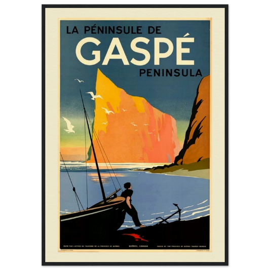 A high-quality Giclée 12-ink print of a vintage travel poster showcasing the Gaspé Peninsula in Quebec, Canada. The artwork features Percé Rock, a dramatic cliffside, a fisherman with a boat, and seagulls flying over the coastal scene, evoking a timeless maritime adventure.