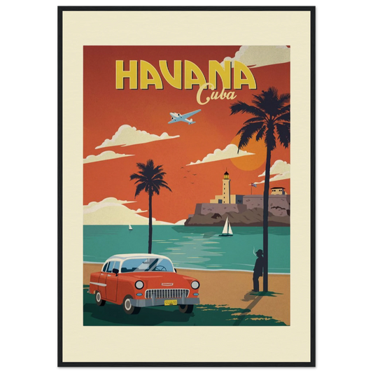 "Retro-style travel poster titled 'HAVANA Cuba' featuring a coral red 1950s classic American car parked on a beach with palm trees. The scene shows a turquoise ocean with sailboats, the El Morro lighthouse fortress in the distance, and a dramatic orange sunset sky with a vintage propeller plane. A silhouetted figure stands near the palm trees. The poster is framed in black with a cream mount on premium Giclée archival paper."
