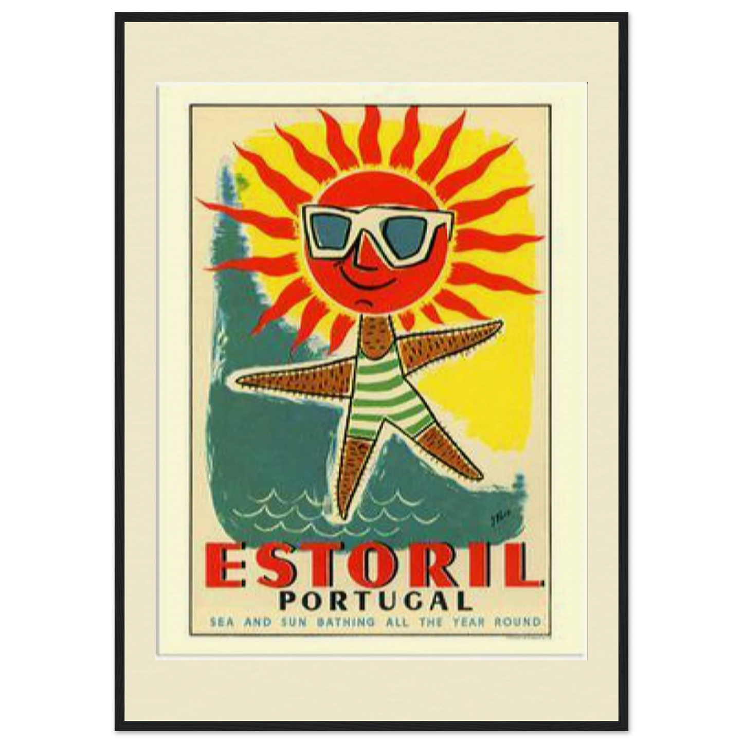 "Museum-quality Giclée print of vintage Estoril Portugal travel poster featuring sunglasses-wearing sun and starfish on beach"