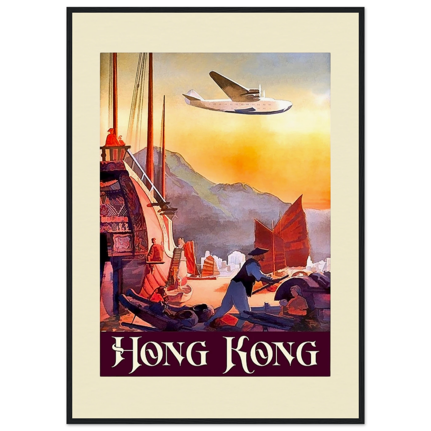 "A vintage-style Giclée art poster titled 'Hong Kong' featuring a bustling harbour scene with junks, a seaplane flying overhead, and a person loading cargo onto a boat. The poster has a warm colour palette with orange, yellow, and red hues, depicting a sunset or sunrise over the hills of Hong Kong. The text 'Hong Kong' is displayed in a classic font at the bottom of the poster."