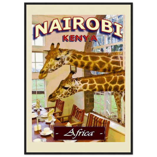 Framed vintage art print depicting two giraffes with brown and beige spots, their heads and necks visible through a window. The text "NAIROBI KENYA" is at the top, and "- Africa -" at the bottom, in a retro font. The giraffes are looking into a room with a set table and chairs.
