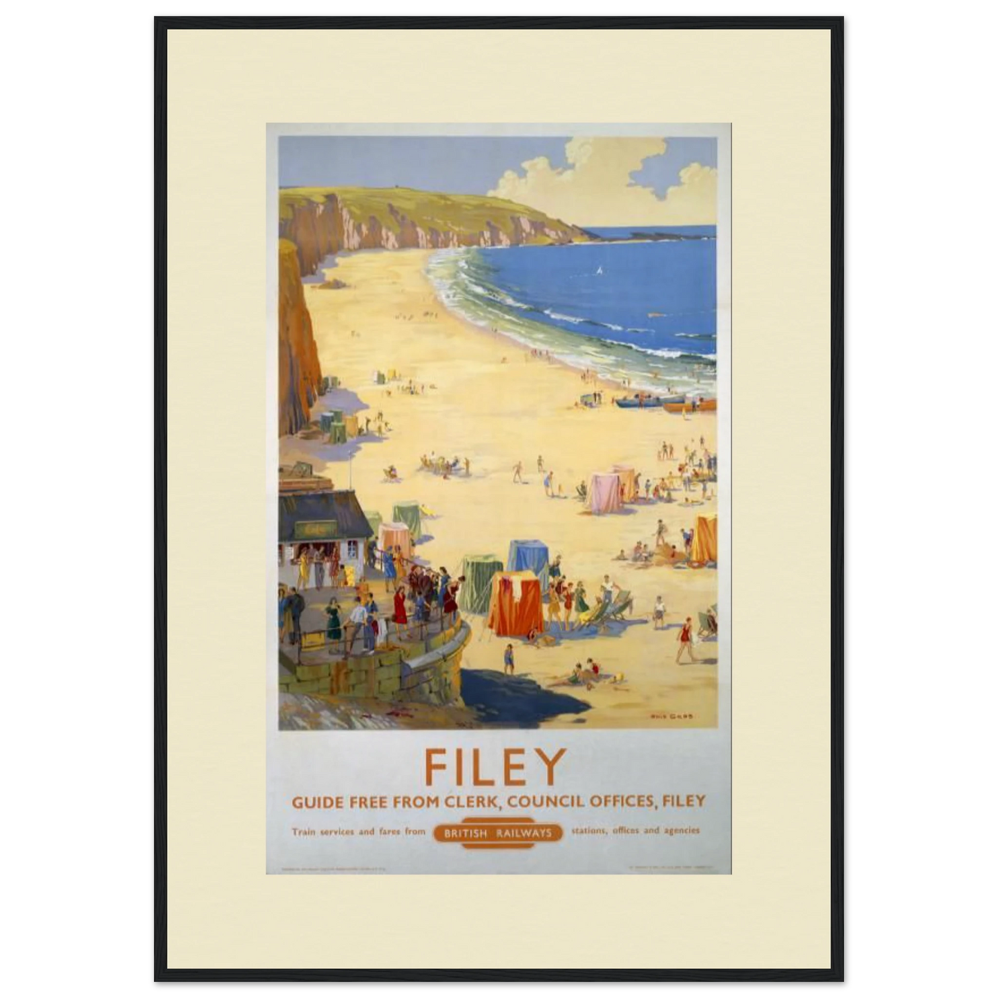 "Vintage British Railways travel poster for Filey, Yorkshire showing a sunny beach scene with golden sand, blue sea, and coastal cliffs. The beach is dotted with colourful tents and holidaymakers enjoying the seaside. Text reads 'FILEY' in orange with 'GUIDE FREE FROM CLERK, COUNCIL OFFICES, FILEY' beneath. The poster is framed in black with cream mount on premium Giclée archival paper."