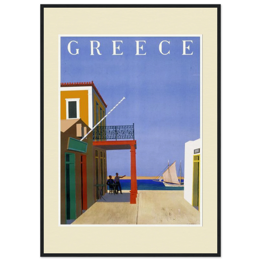 "Vintage travel poster titled 'GREECE' showing a view through colourful village buildings toward the Aegean Sea. The scene features yellow, terracotta and white buildings with green doorways, a distinctive red archway, and two silhouetted figures looking out at a sailing boat on bright blue water. The poster is framed in black with a cream mount on premium Giclée archival paper, capturing the minimalist, modernist style of mid-century travel art."