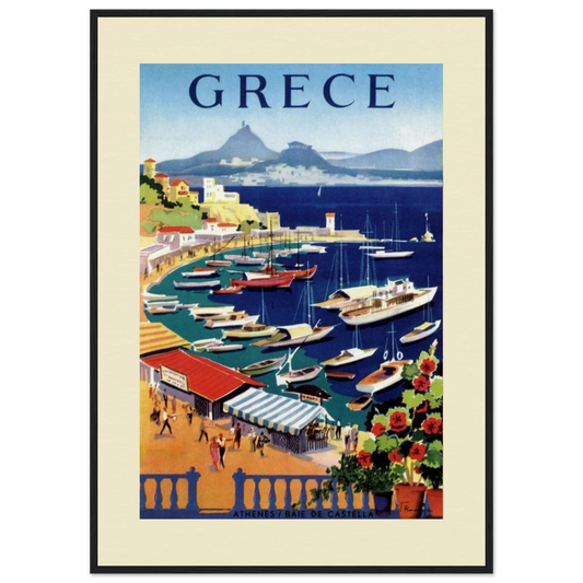"Vintage travel poster titled 'GRECE' featuring a colourful harbour scene of Castella Bay near Athens. The artwork shows numerous sailing boats and yachts in a marina with blue water, waterfront cafés with red roofs and striped awnings, and mountains in the background including what appears to be Mount Lycabettus. Small text at the bottom reads 'ATHENES/BAIE DE CASTELLA'. The poster is framed in black with a cream mount on premium Giclée archival paper."