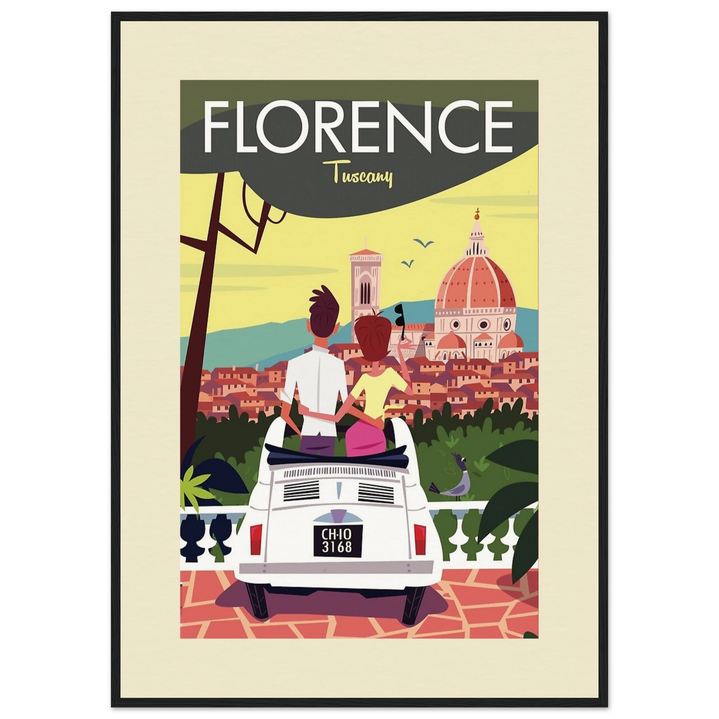 A vintage-style travel poster of Florence, Tuscany, featuring a couple sitting in a classic white convertible, admiring the Florence skyline, including the iconic Duomo. The artwork has warm colours and a nostalgic feel, evoking the romance of an Italian road trip.
