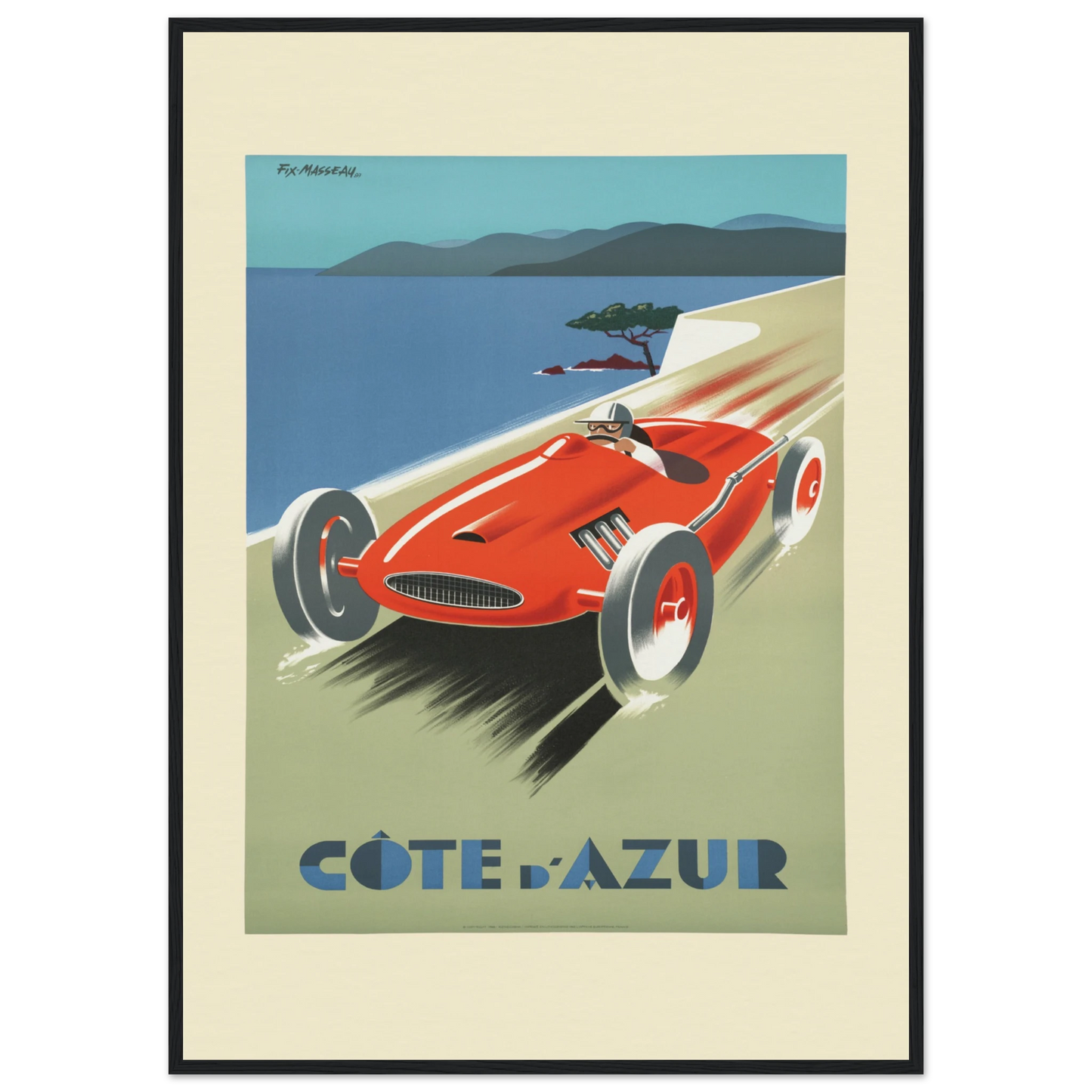  "Vintage Art Deco travel poster for Côte d'Azur featuring a red racing car speeding along a coastal road with blue Mediterranean Sea and mountains in background. Stylized 1930s artwork by Fix-Masseau with bold colors and dynamic movement, text reads 'CÔTE d'Azur' at bottom. Printed on Giclée 12 ink archival paper."