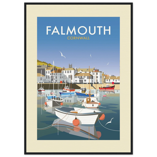 "Contemporary travel art print of Falmouth, Cornwall featuring a picturesque harbour with colourful fishing boats and white sailing boats with orange buoys. The scene shows the town's characteristic white buildings rising on the hillside under a clear blue sky with seagulls. Bold white 'FALMOUTH' text with gold 'CORNWALL' beneath appears at the top of the image. Printed on premium Giclée archival paper with a cream border."