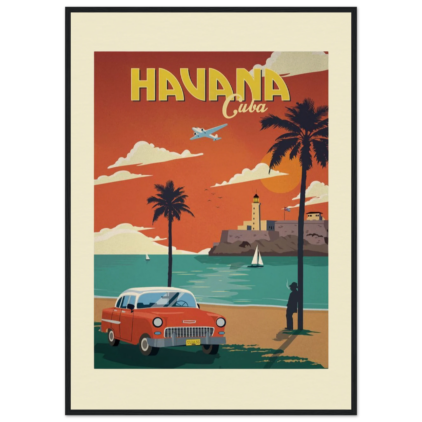 "Retro-style travel poster titled 'HAVANA Cuba' featuring a coral red 1950s classic American car parked on a beach with palm trees. The scene shows a turquoise ocean with sailboats, the El Morro lighthouse fortress in the distance, and a dramatic orange sunset sky with a vintage propeller plane. A silhouetted figure stands near the palm trees. The poster is framed in black with a cream mount on premium Giclée archival paper."​​​​​​​​​​​​​​​​