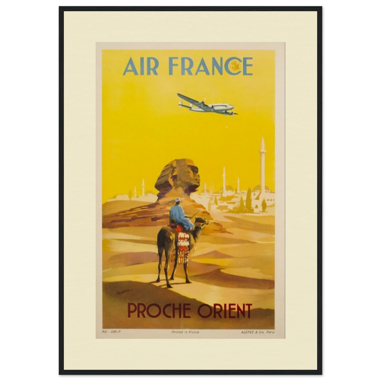 "A vintage-style Giclée art poster for Air France travel to the Near East (Proche Orient). The poster depicts a desert landscape with the Sphinx in the centre, a camel rider in the foreground, and a vintage Air France aeroplane flying in the sky above. The text 'AIR FRANCE' is at the top of the poster, and 'PROCHE ORIENT' is at the bottom. The poster has a warm, yellow-toned colour palette with beige and brown hues."
