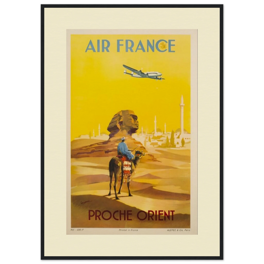 "A vintage-style Giclée art poster for Air France travel to the Near East (Proche Orient). The poster depicts a desert landscape with the Sphinx in the centre, a camel rider in the foreground, and a vintage Air France aeroplane flying in the sky above. The text 'AIR FRANCE' is at the top of the poster, and 'PROCHE ORIENT' is at the bottom. The poster has a warm, yellow-toned colour palette with beige and brown hues."
