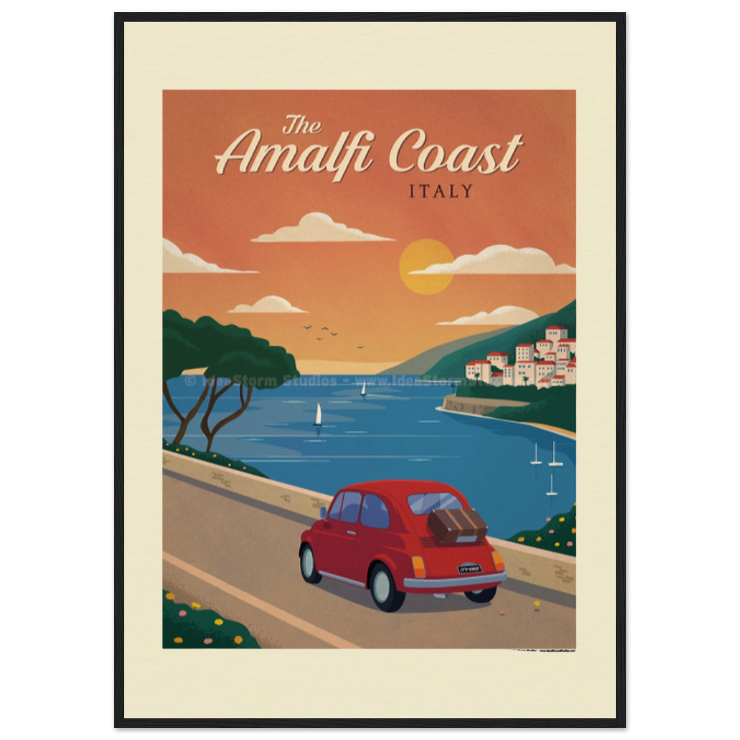 "Museum-quality Giclée print of The Amalfi Coast Italy travel poster featuring red Fiat driving the coastal road at sunset"
