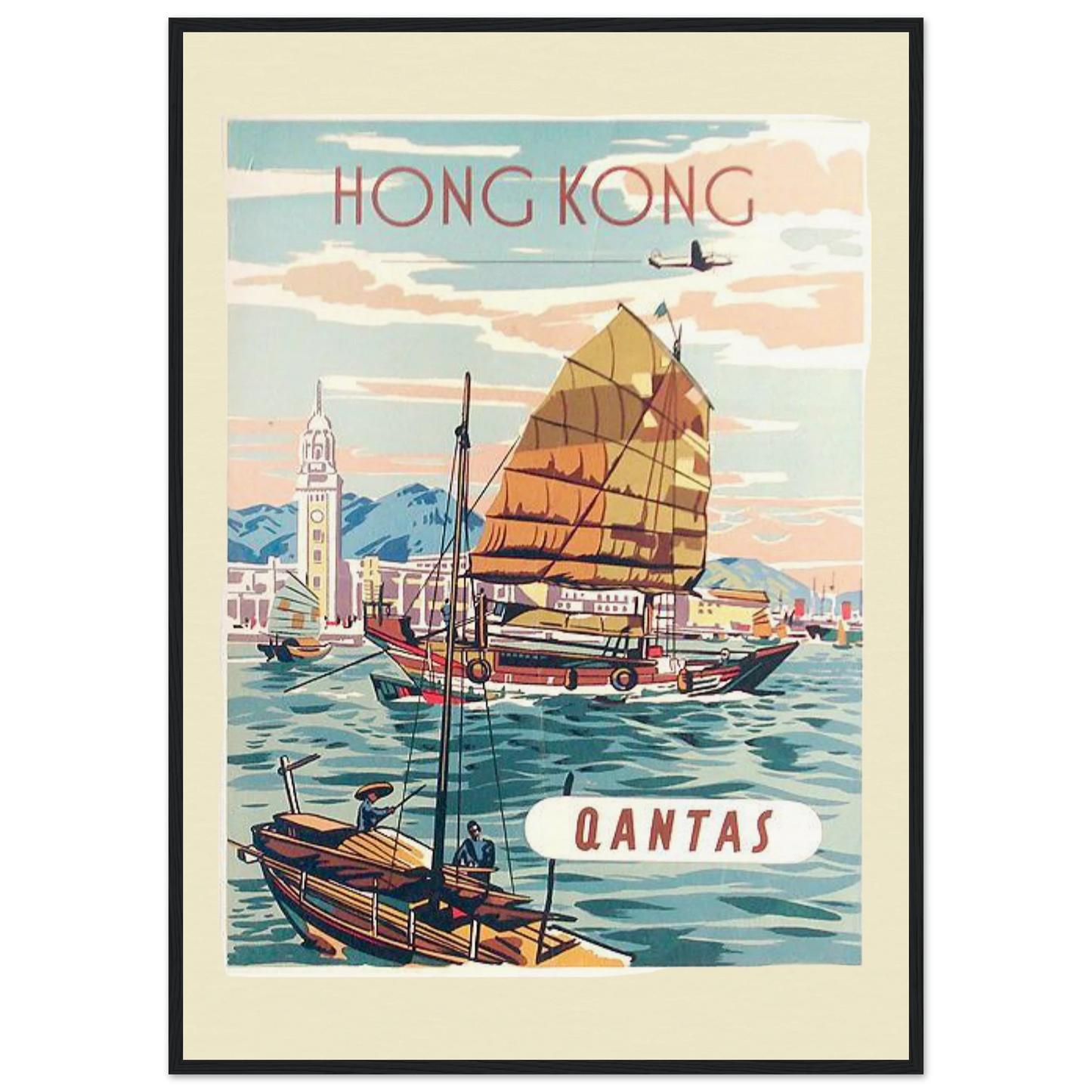 "A vintage-style Giclée art poster featuring a Qantas advertisement for travel to Hong Kong. The poster depicts a serene harbour scene with a traditional junk boat sailing in the foreground and a smaller boat with two figures in the lower left corner. In the background, there is a distant cityscape with a clock tower and two small aeroplanes flying above. The text 'HONG KONG' is at the top of the poster, and the text 'QANTAS' is in a white oval in the lower right corner. The poster has a soft, pastel colour