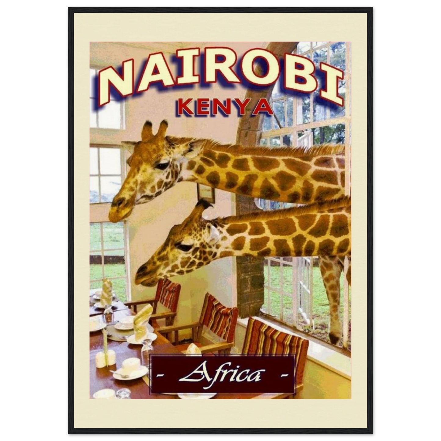 Framed vintage art print depicting two giraffes with brown and beige spots, their heads and necks visible through a window. The text "NAIROBI KENYA" is at the top, and "- Africa -" at the bottom, in a retro font. The giraffes are looking into a room with a set table and chairs.