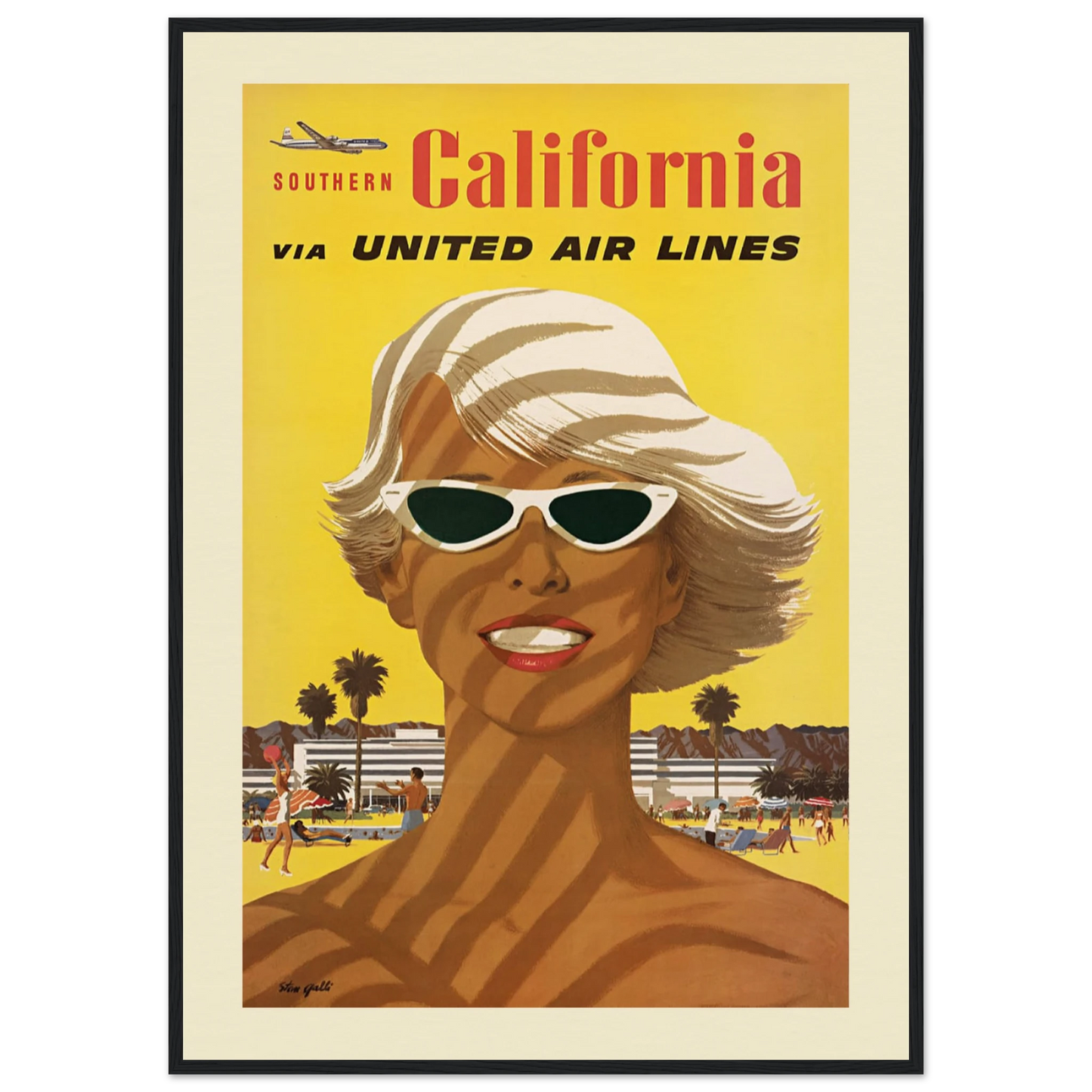 "A vintage-style Giclée art poster featuring the text 'SOUTHERN California VIA UNITED AIRLINES'. The poster has a classic design reminiscent of mid-century travel advertisements, with vintage typography and the United Air Lines branding. The poster evokes a sense of nostalgia for the golden age of air travel and the allure of Southern California."

