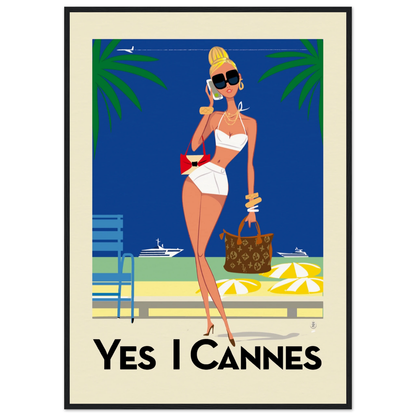 "A vintage-style Giclée art poster titled 'Cannes Chic' featuring a slender woman in a white bikini, sunglasses, and high heels, standing on a beach with palm trees and the sea in the background. She holds a Louis Vuitton tote bag and a red purse and appears to be on a phone call. The poster has a retro aesthetic with bold colours and a classic travel poster design. The text 'YES I CANNES' is printed in a bold font at the bottom of the poster."
