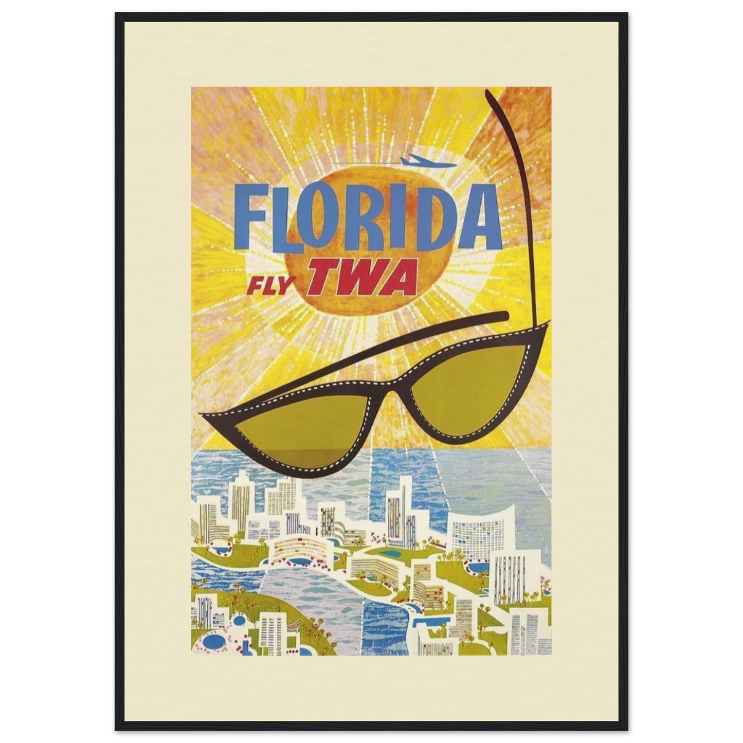 A high-quality Giclée 12-ink print of a vintage TWA travel poster for Florida, featuring a bold sunburst background, oversized cat-eye sunglasses, and a vibrant coastal cityscape. The artwork evokes the glamour of mid-century travel.
