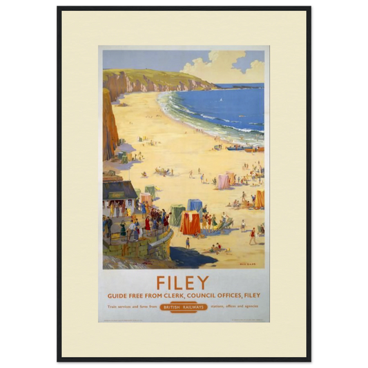 "Vintage British Railways travel poster for Filey, Yorkshire showing a sunny beach scene with golden sand, blue sea, and coastal cliffs. The beach is dotted with colourful tents and holidaymakers enjoying the seaside. Text reads 'FILEY' in orange with 'GUIDE FREE FROM CLERK, COUNCIL OFFICES, FILEY' beneath. The poster is framed in black with cream mount on premium Giclée archival paper."​​​​​​​​​​​​​​​​